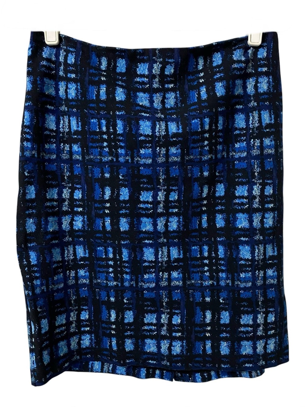 J.McLaughlin blue plaid abstract print artsy mid length work pencil skirt size 6